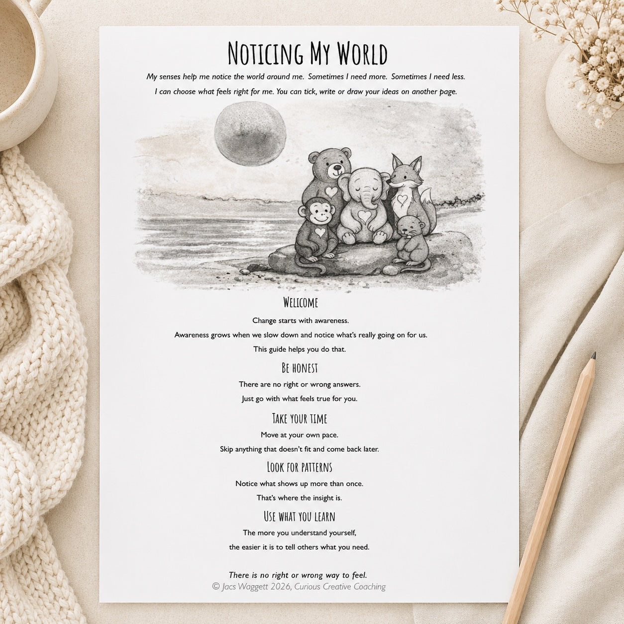 Printable children’s wellbeing worksheet “Noticing My World” with calming animal illustration, placed on a soft neutral home background