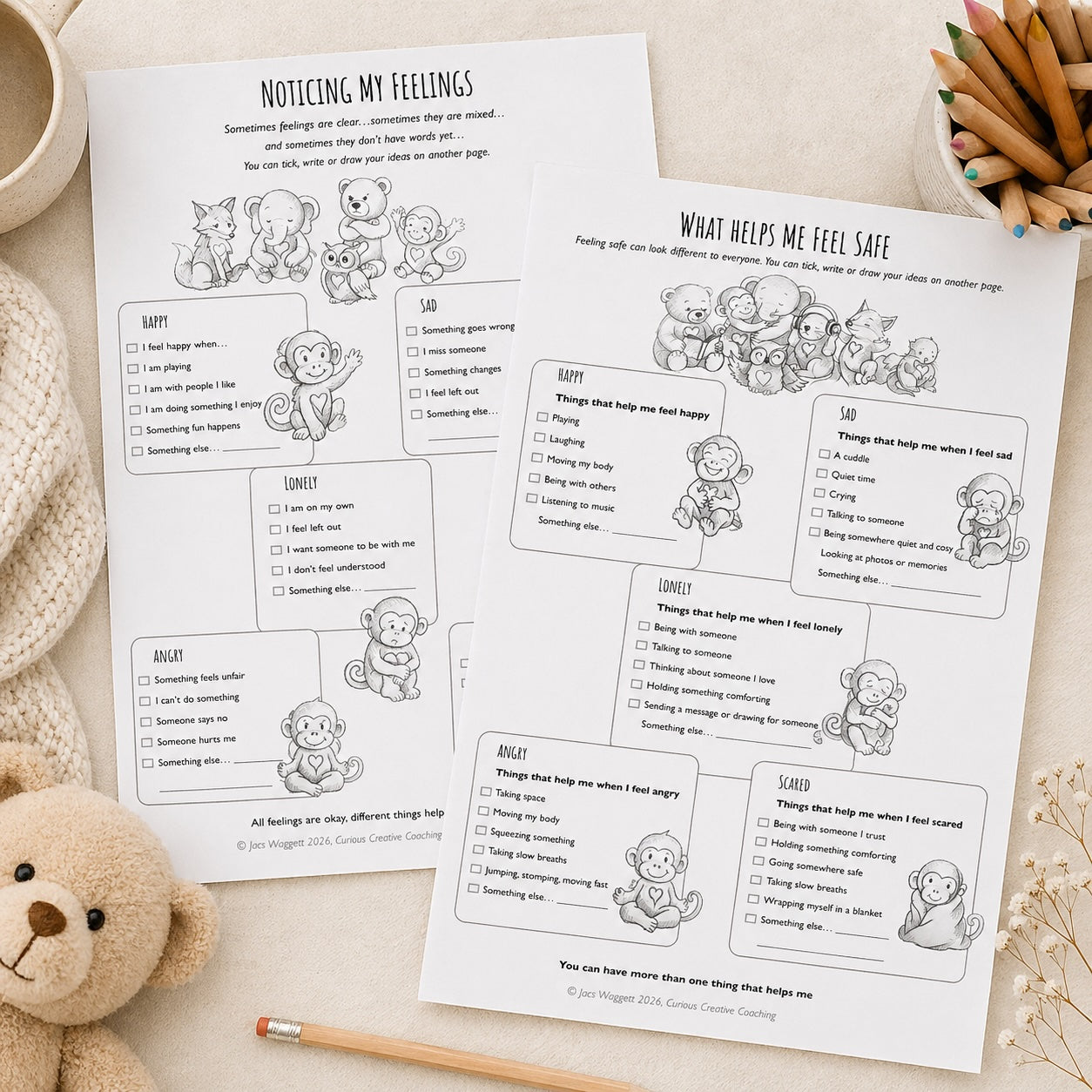Set of printable emotional wellbeing worksheets for children with simple checklists and Curio monkey illustrations, designed for use at home