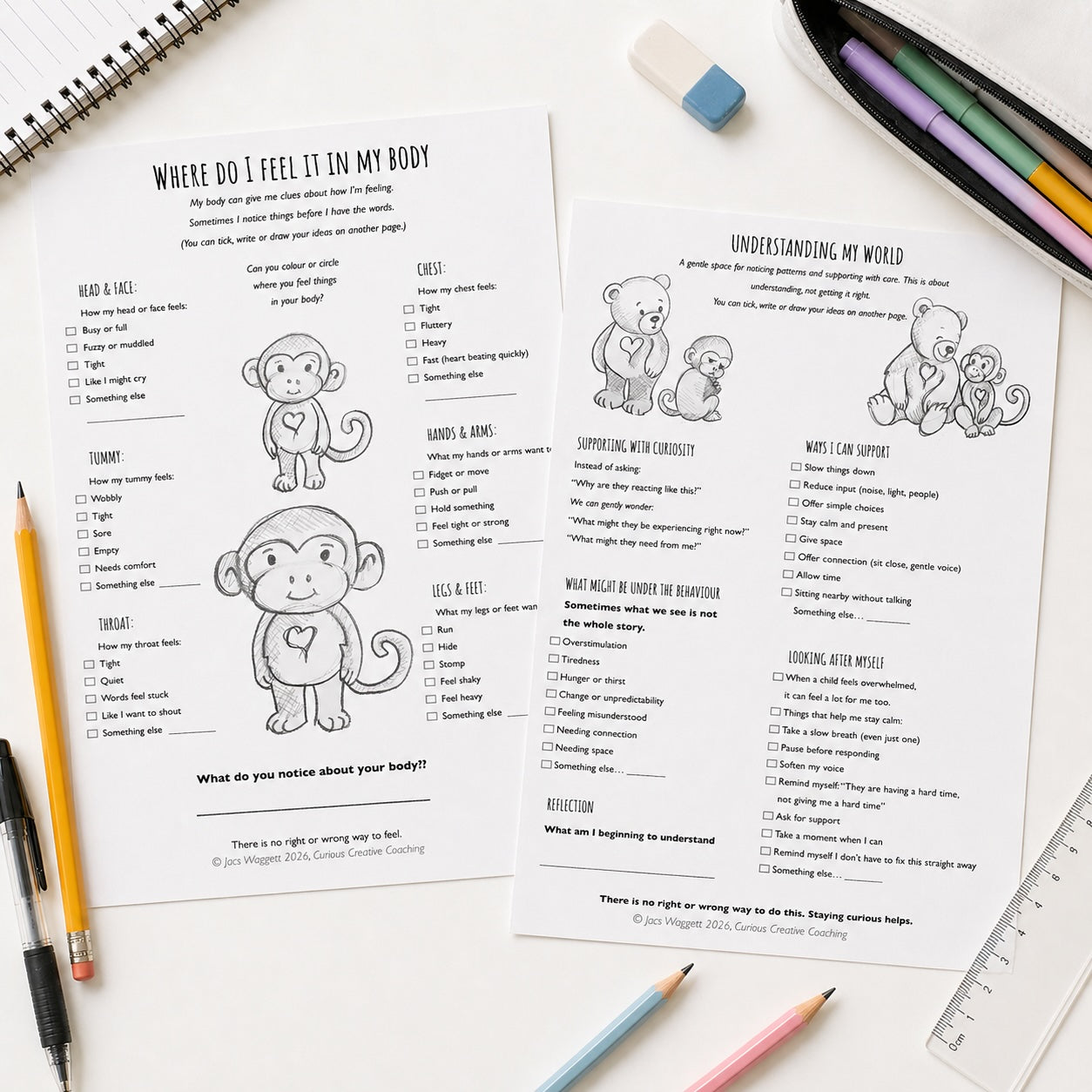 Two printable emotional wellbeing worksheets for children, “Where do I feel it in my body” and “Understanding my world”, with simple checklists and Curio monkey illustrations
