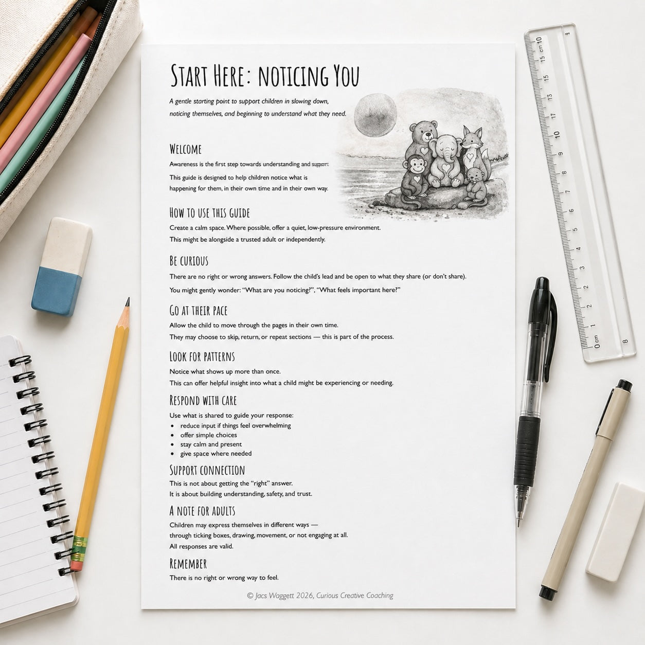 Printable SEN classroom worksheet “Start Here: Noticing You” with calming animal illustrations, placed on a white desk with pencil, ruler and stationery