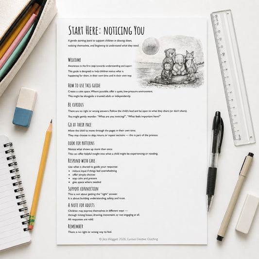 Printable SEN classroom worksheet “Start Here: Noticing You” with calming animal illustrations, placed on a white desk with pencil, ruler and stationery