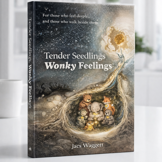 Book titled 'Tender Seedlings Wonky Feelings' by Jacs Waggert on a white surface with a blurred background